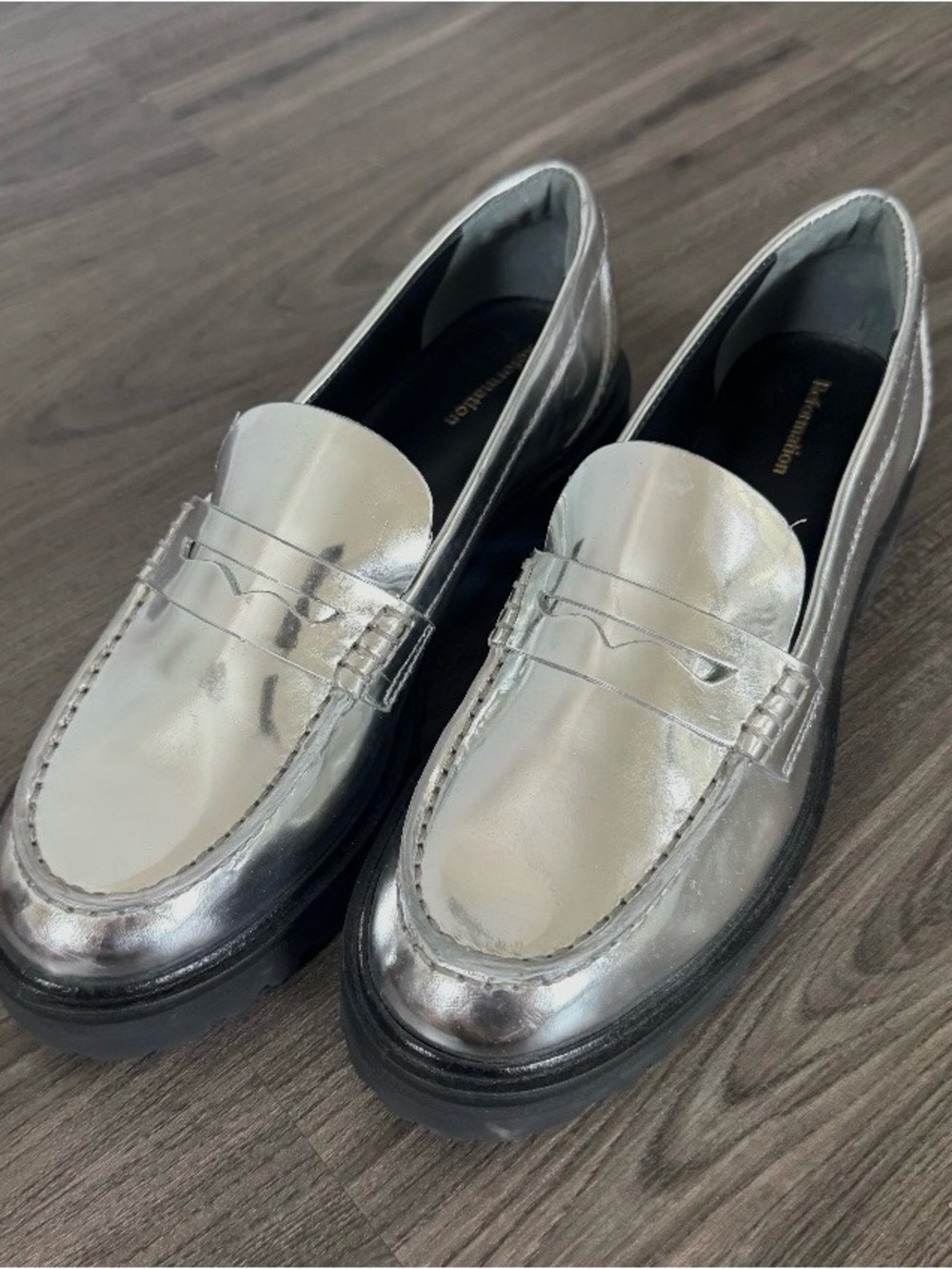 Reformation Metallic Silver Penny Loafers